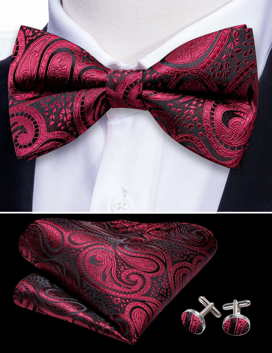 Black Red Paisley Beautiful Bow Tie Set bow ties - Sophisticated Gentlemen