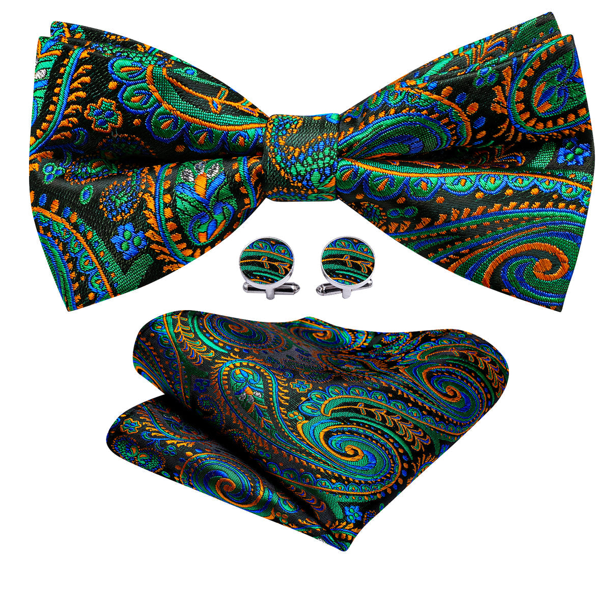 Green Orange Paisley Bow Tie Set bow ties - Sophisticated Gentlemen