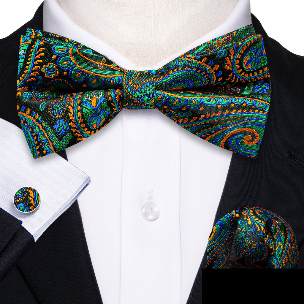 Green Orange Paisley Bow Tie Set bow ties - Sophisticated Gentlemen