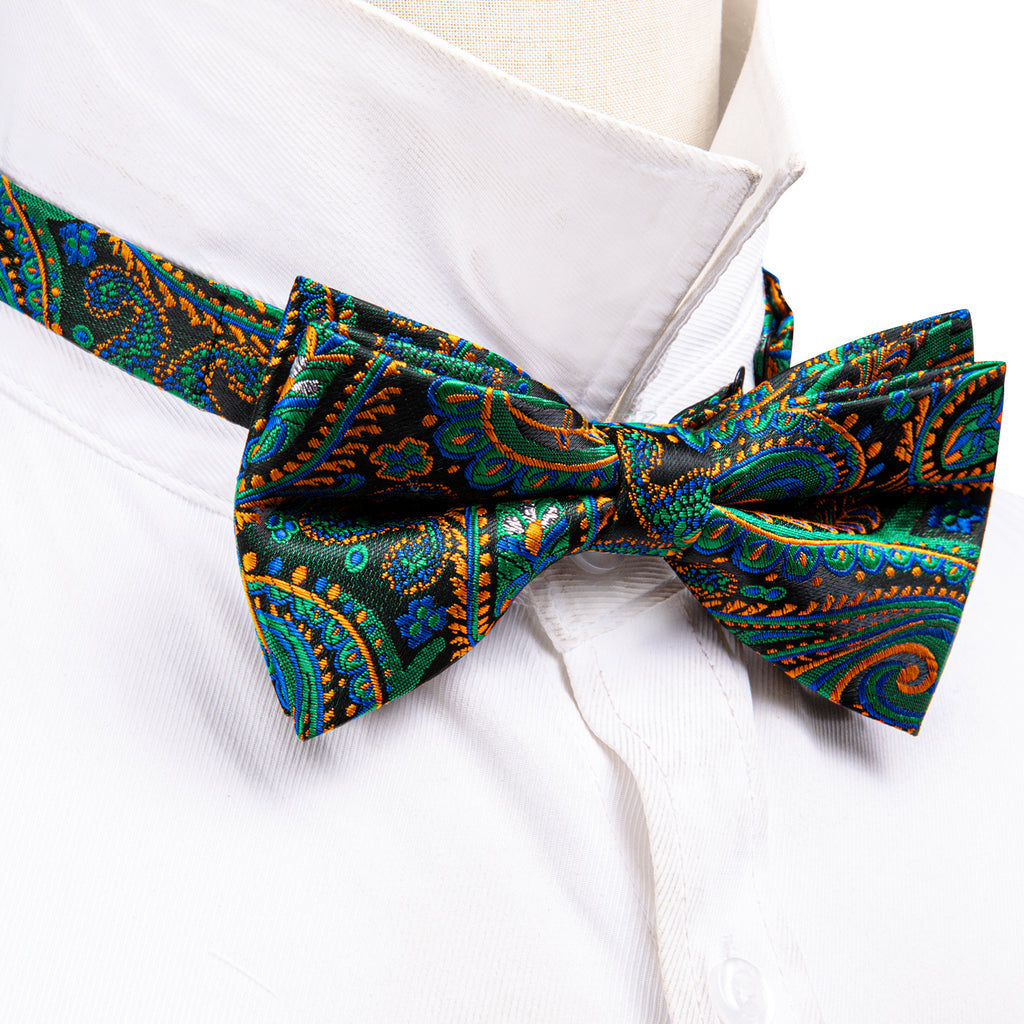 Green Orange Paisley Bow Tie Set bow ties - Sophisticated Gentlemen