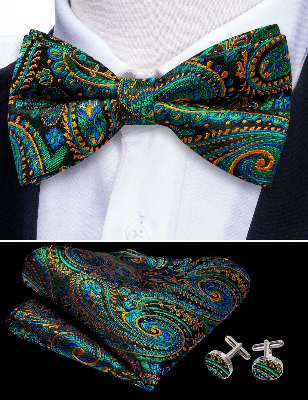Green Orange Paisley Bow Tie Set bow ties - Sophisticated Gentlemen