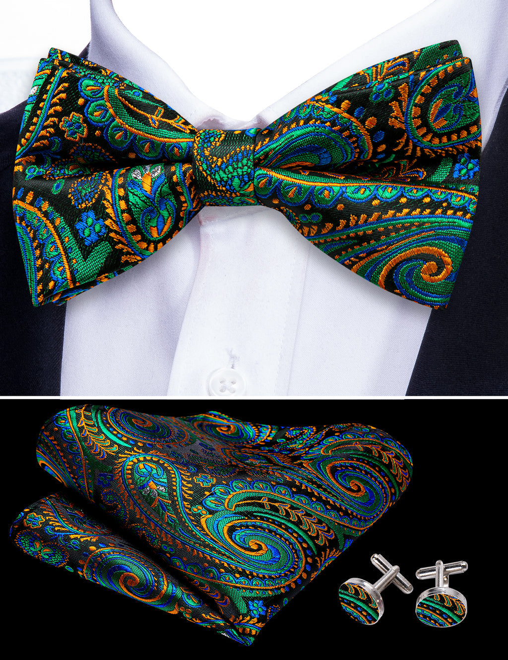 Green Orange Paisley Bow Tie Set bow ties - Sophisticated Gentlemen