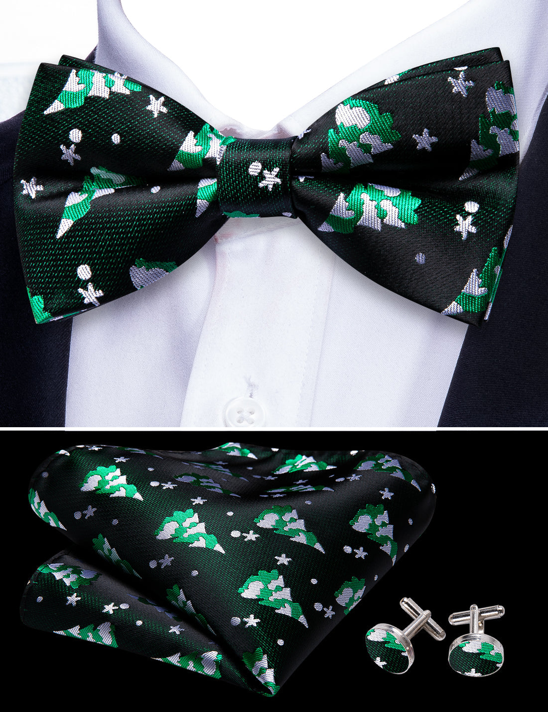 Green White Xmas Tree Silk Bow Tie Set bow ties    - Sophisticated Gentlemen