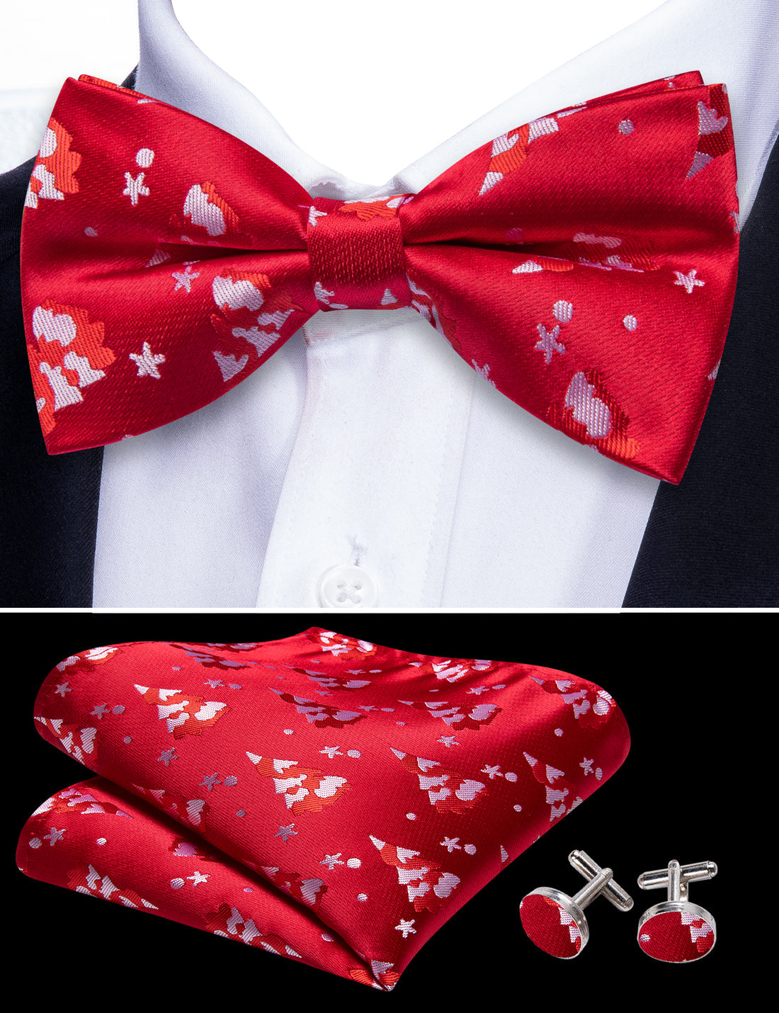 Red White Xmas Tree Silk Bow Tie Set bow ties    - Sophisticated Gentlemen