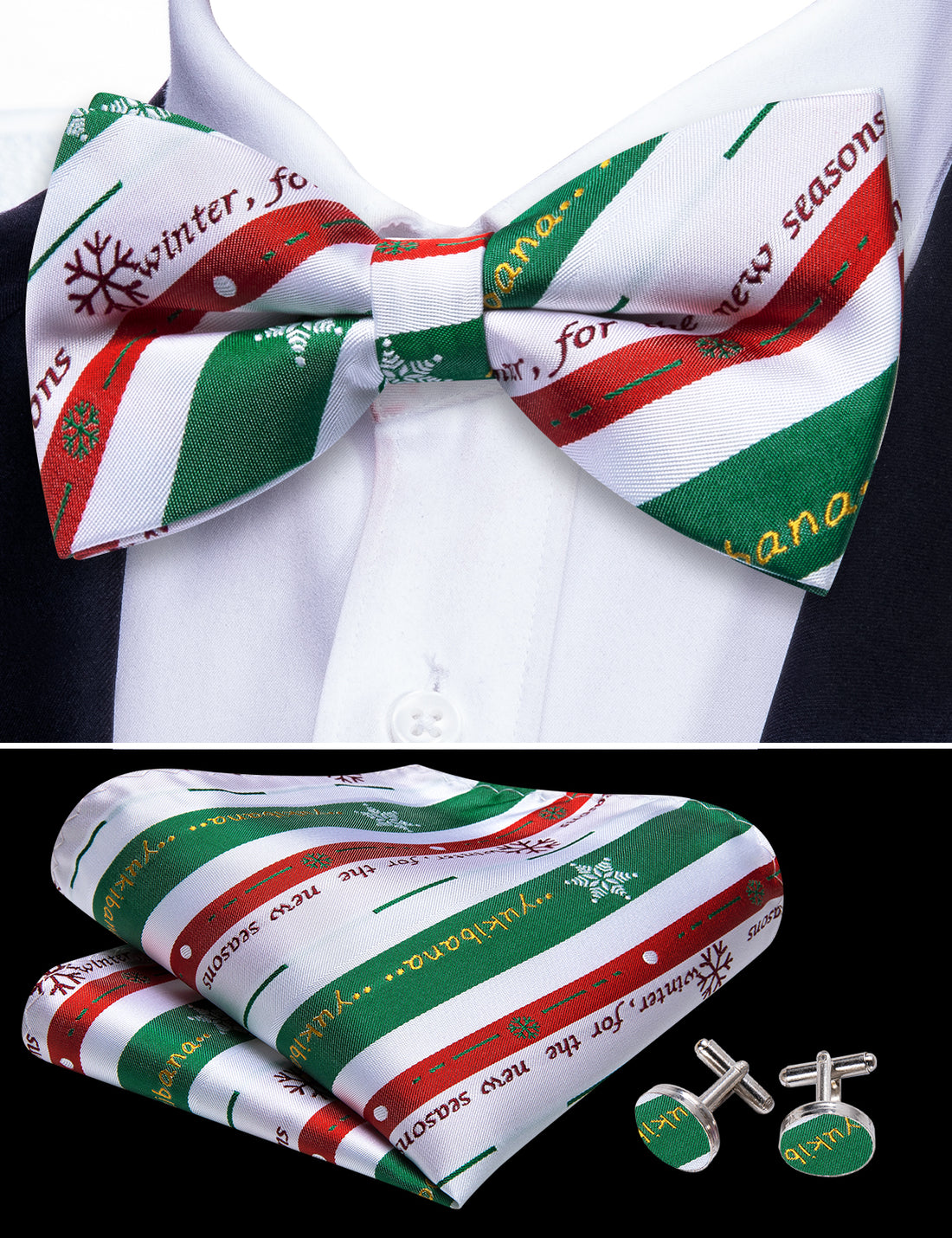 White Green Christmas Pattern Bow Tie Set bow ties - Sophisticated Gentlemen