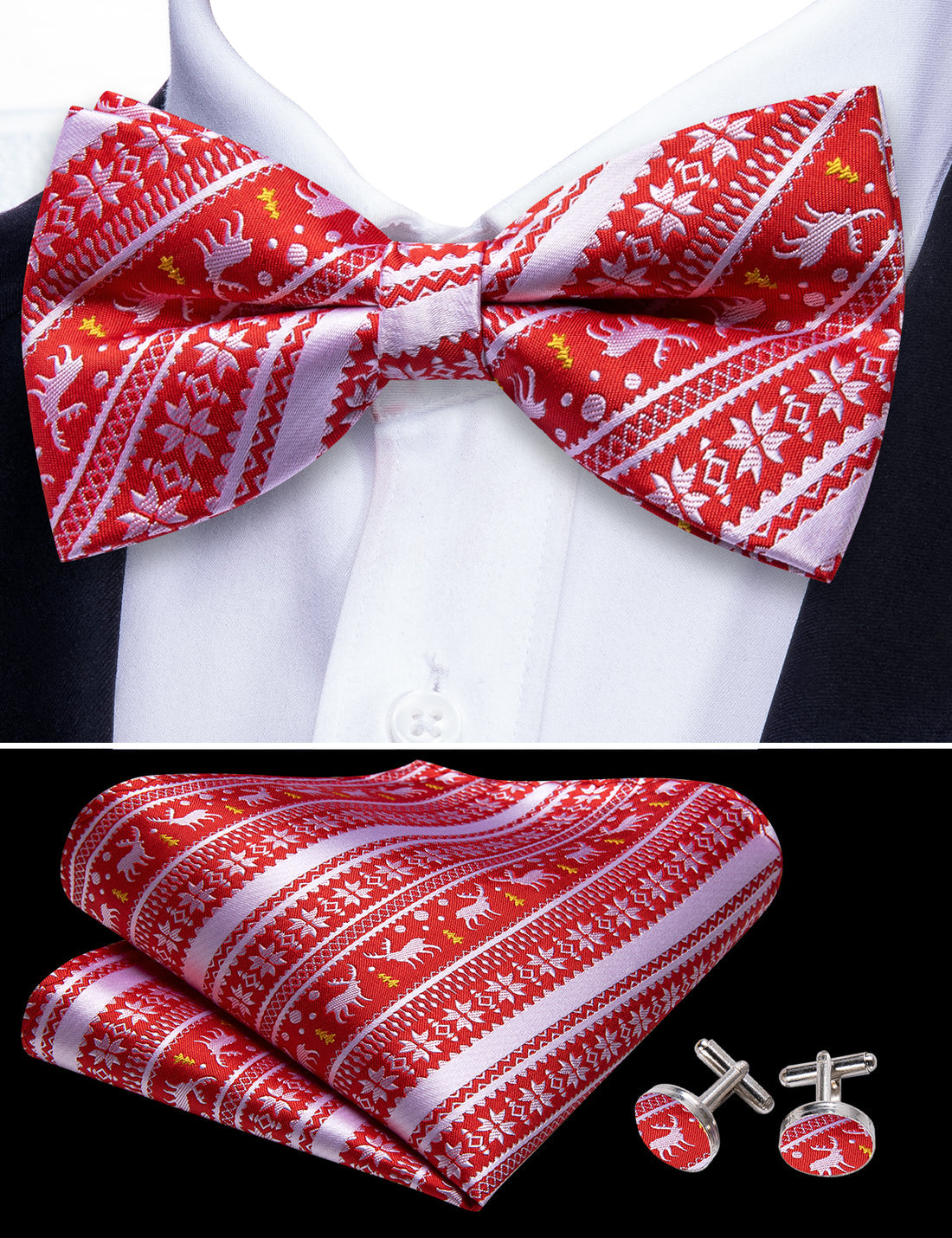 Red White Xmas Elk Bow Tie Set bow ties    - Sophisticated Gentlemen