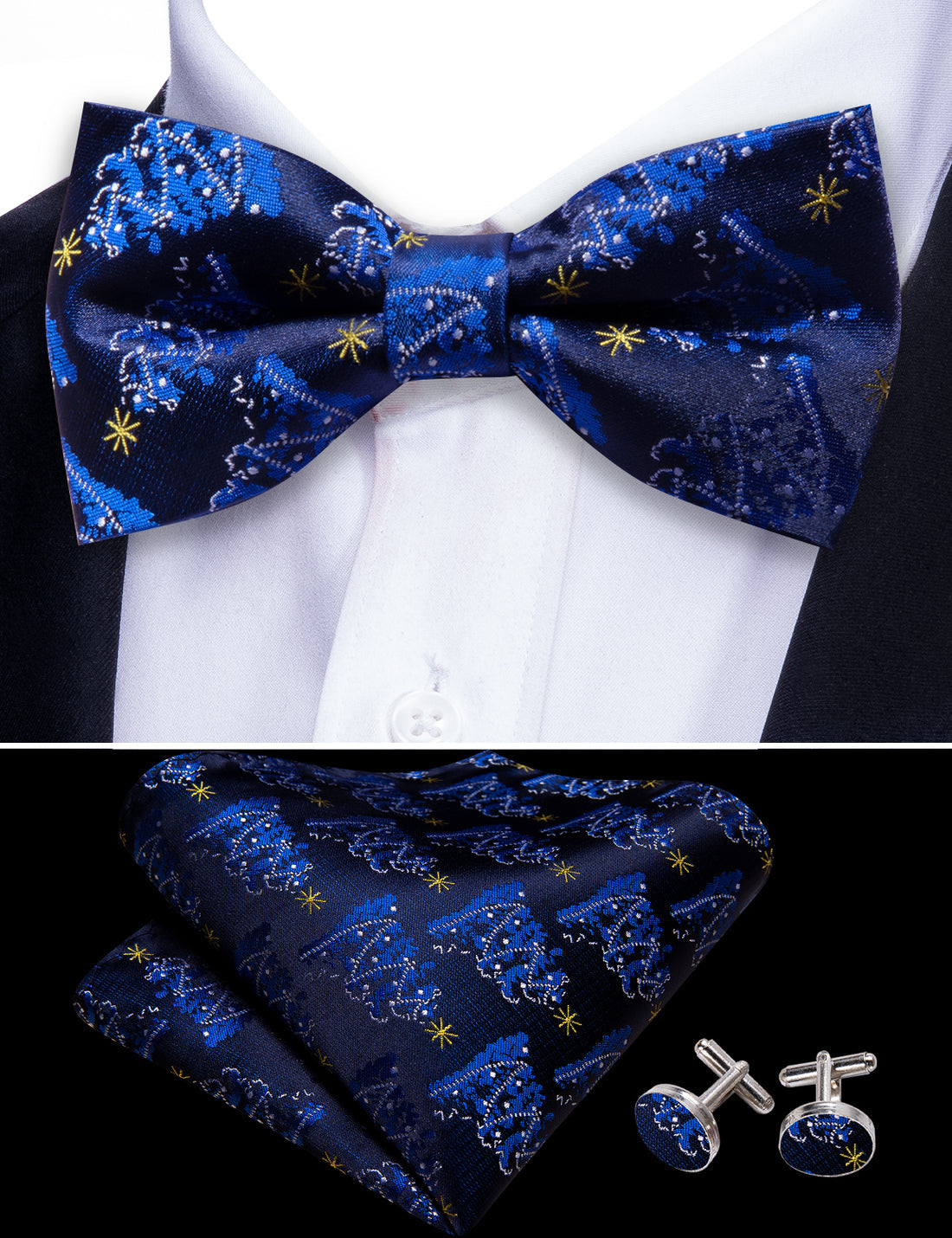 Blue White Xmas Tree Bow Tie Set bow ties - Sophisticated Gentlemen