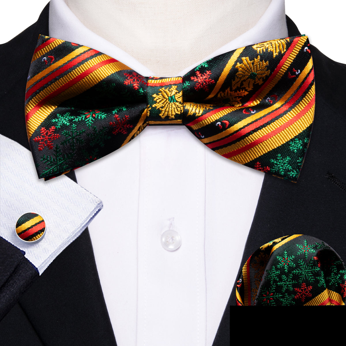 Gold Green Snowflake Christmas Bow Tie Set bow ties - Sophisticated Gentlemen