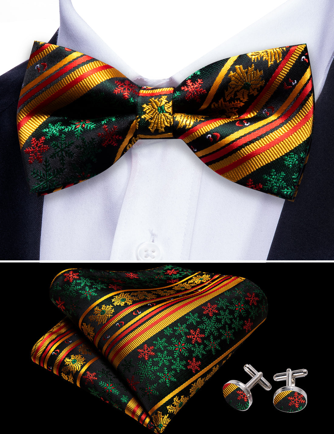 Gold Green Snowflake Christmas Bow Tie Set bow ties - Sophisticated Gentlemen