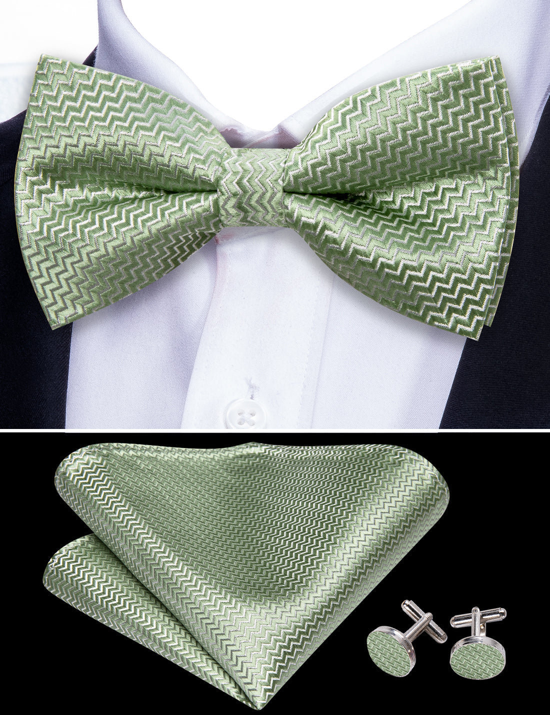 Green Curve Silk Bow Tie Set bow ties - Sophisticated Gentlemen