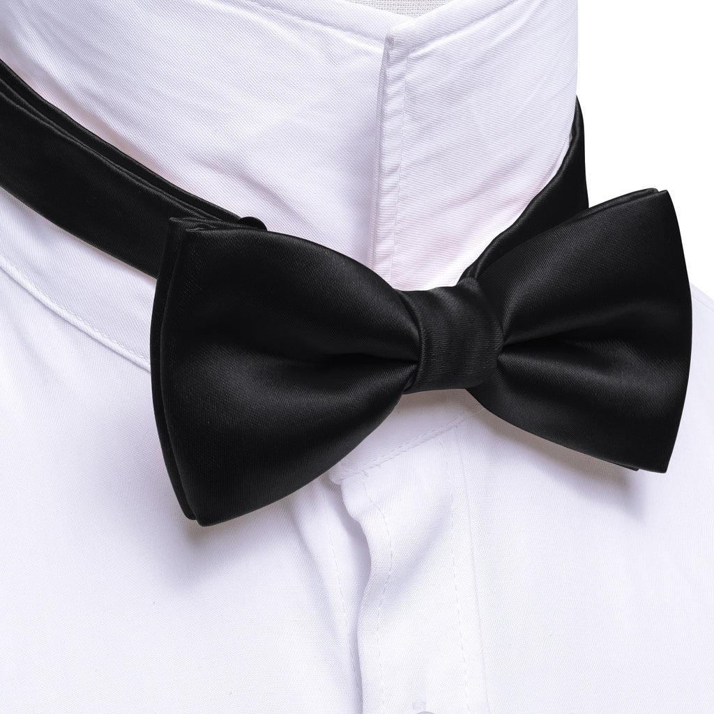 Black Solid Silk Bow Tie Set bow ties - Sophisticated Gentlemen