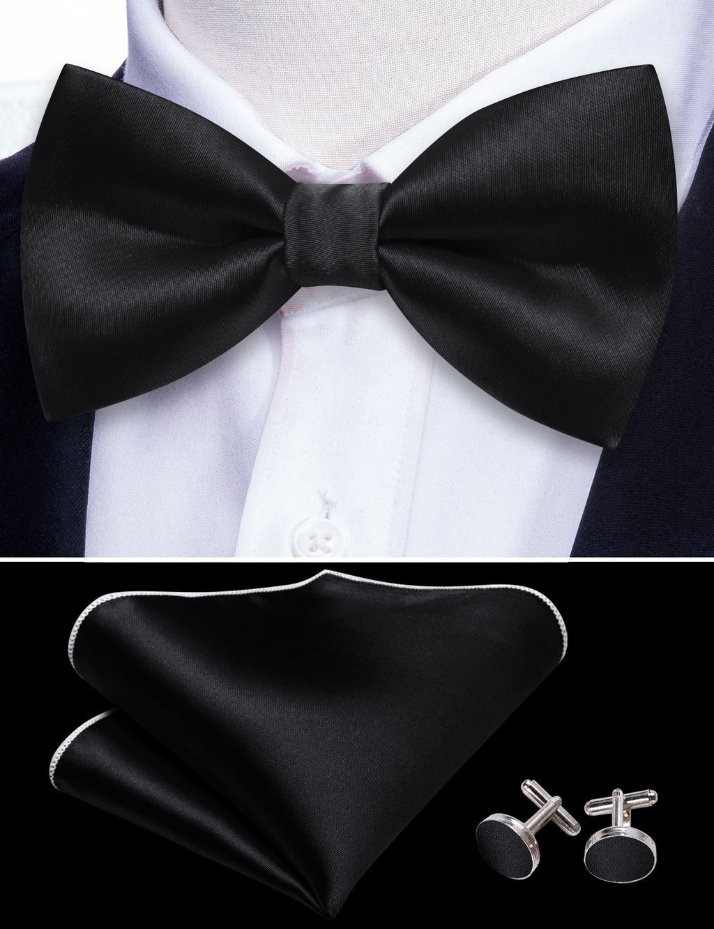 Black Solid Silk Bow Tie Set bow ties - Sophisticated Gentlemen