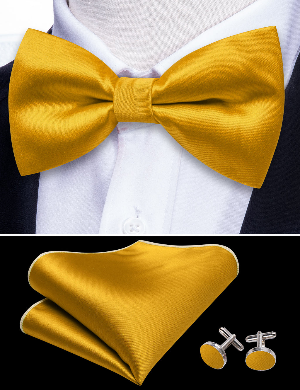 Gold Yellow Solid Silk Bow Tie Set bow ties - Sophisticated Gentlemen