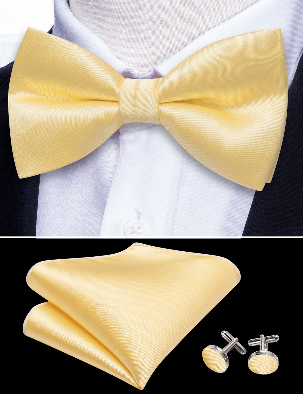 Pale Yellow Solid Silk Bow Tie Set bow ties - Sophisticated Gentlemen