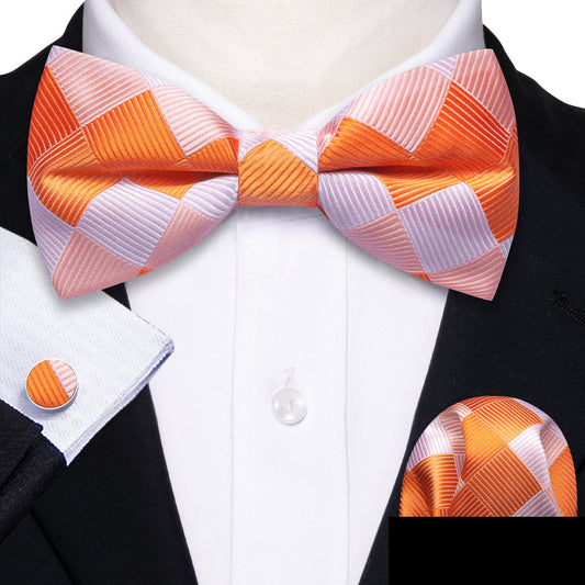 Orange White Plaid Silk Bow Tie Set bow ties    - Sophisticated Gentlemen