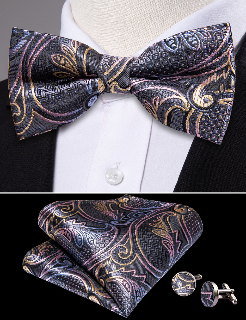 Black Pink Paisley Bow Tie Set bow ties - Sophisticated Gentlemen