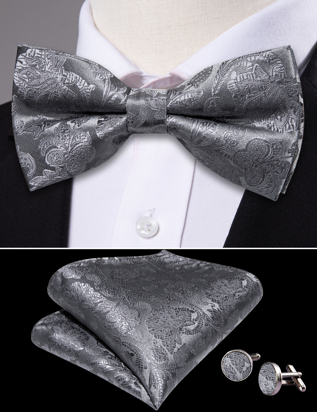 Grey Paisley Bow Tie Set bow ties - Sophisticated Gentlemen