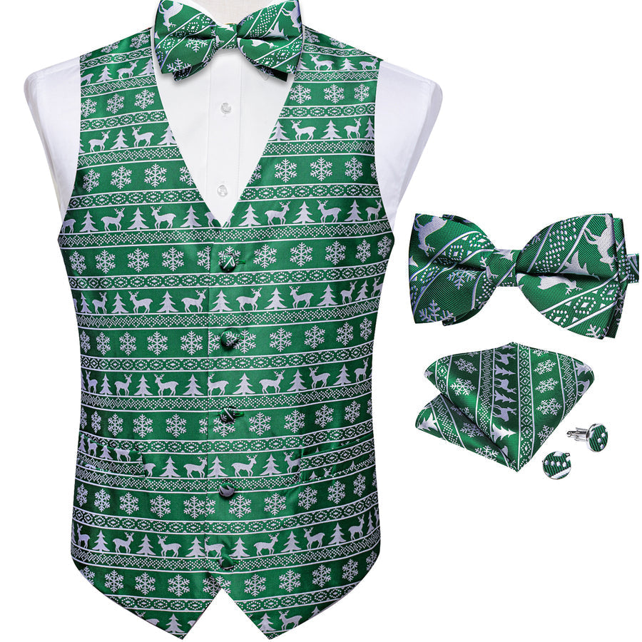Green Novelty Christmas White Deer Men's Bowtie Vest Set vest set - Sophisticated Gentlemen