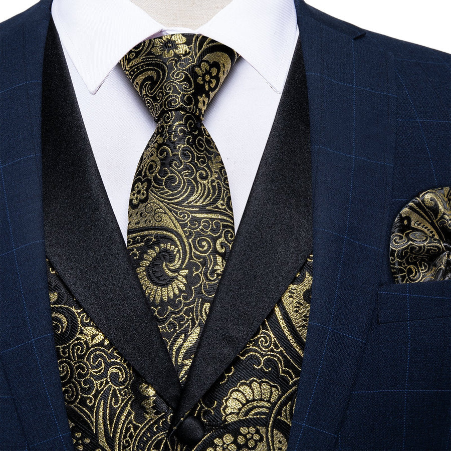 Black Golden Paisley Jacquard Silk Men's Vest Set vest set - Sophisticated Gentlemen