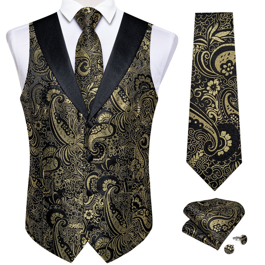 Black Golden Paisley Jacquard Silk Men's Vest Set vest set - Sophisticated Gentlemen