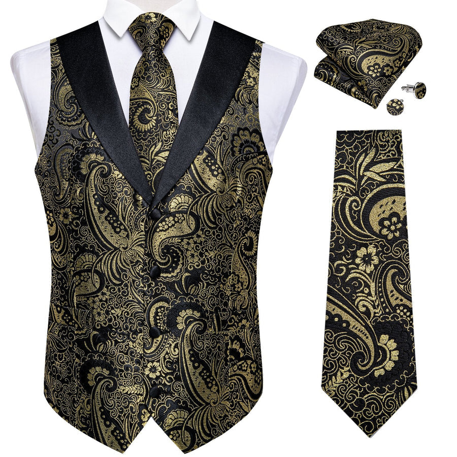 Black Golden Paisley Jacquard Silk Men's Vest Set vest set - Sophisticated Gentlemen