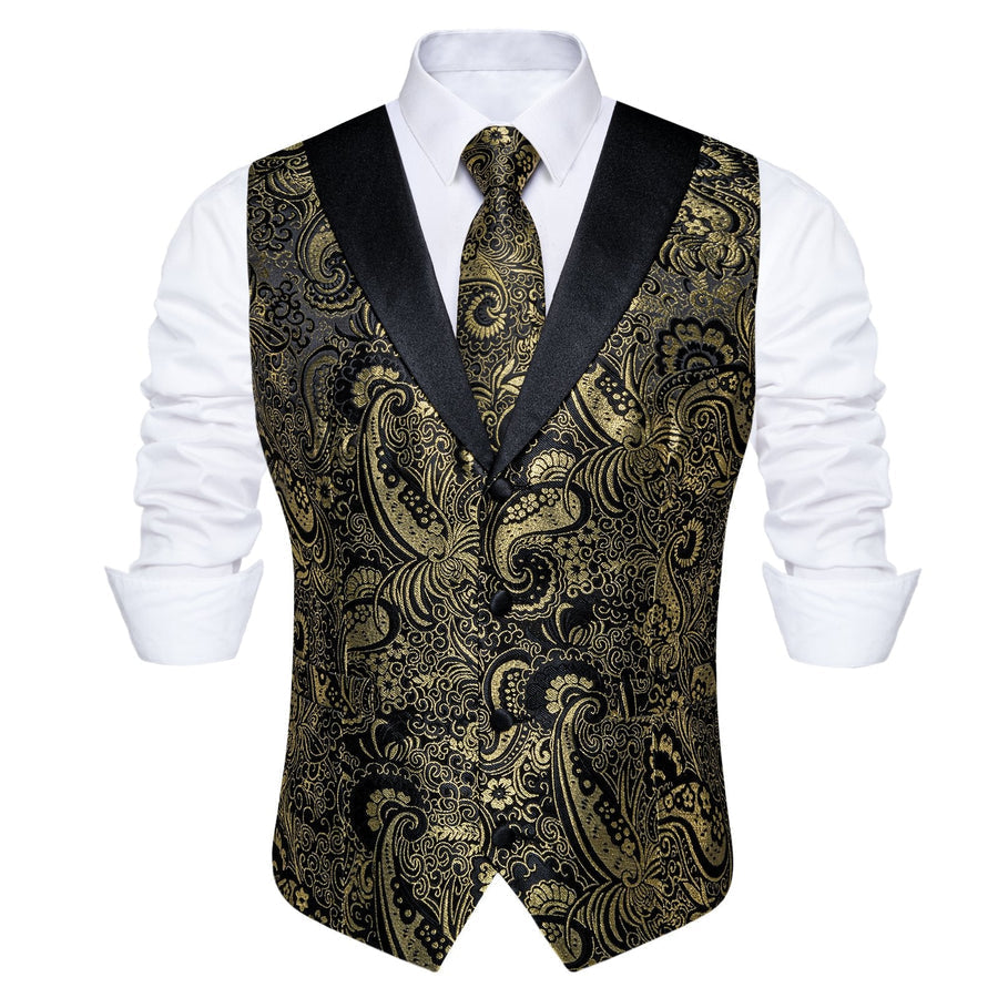 Black Golden Paisley Jacquard Silk Men's Vest Set vest set - Sophisticated Gentlemen