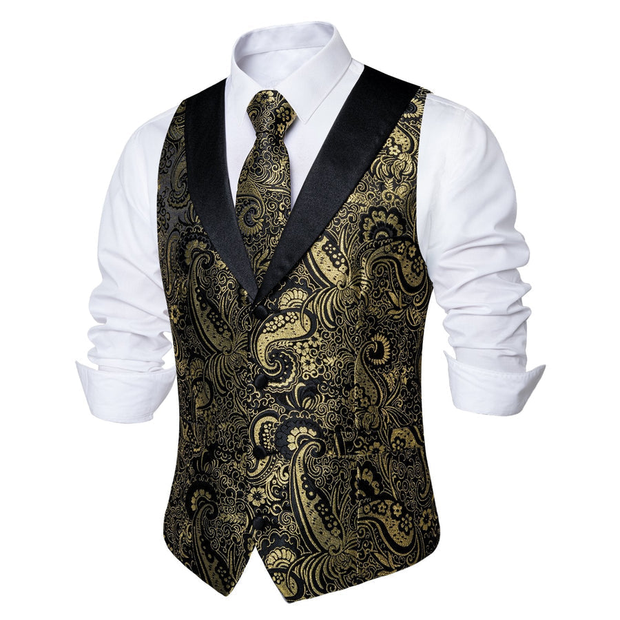 Black Golden Paisley Jacquard Silk Men's Vest Set vest set - Sophisticated Gentlemen