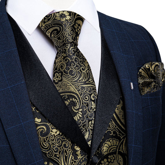 Black Golden Paisley Jacquard Silk Men's Vest Set vest set S (Chest 40")   - Sophisticated Gentlemen