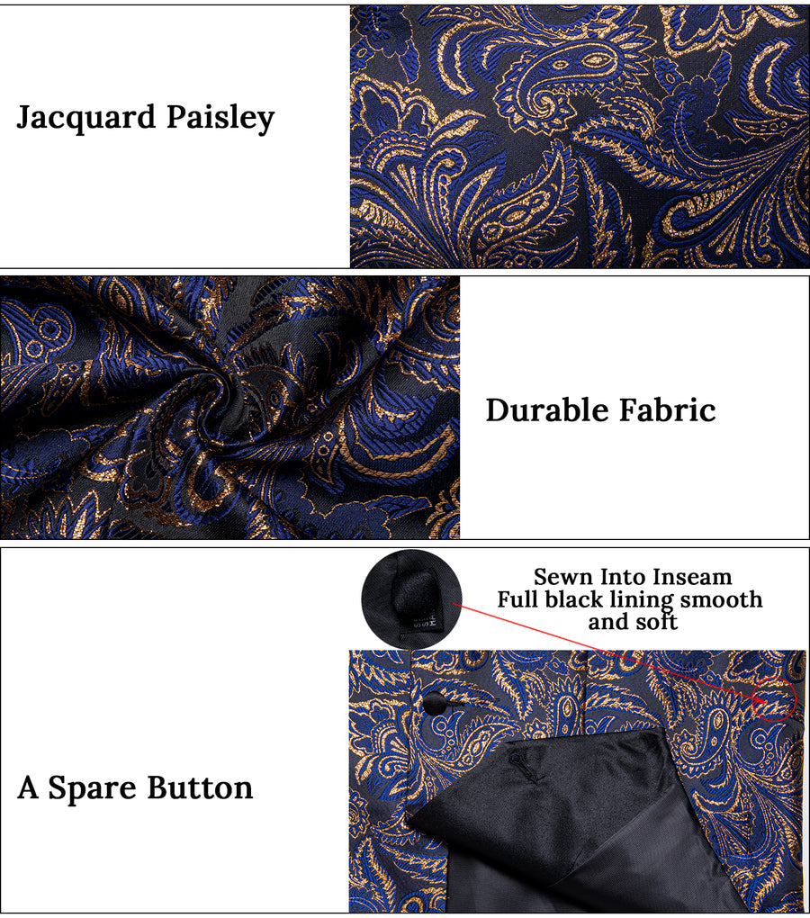Blue Golden Paisley Black Collar V Neck Jacquard Silk Vest Set vest set - Sophisticated Gentlemen