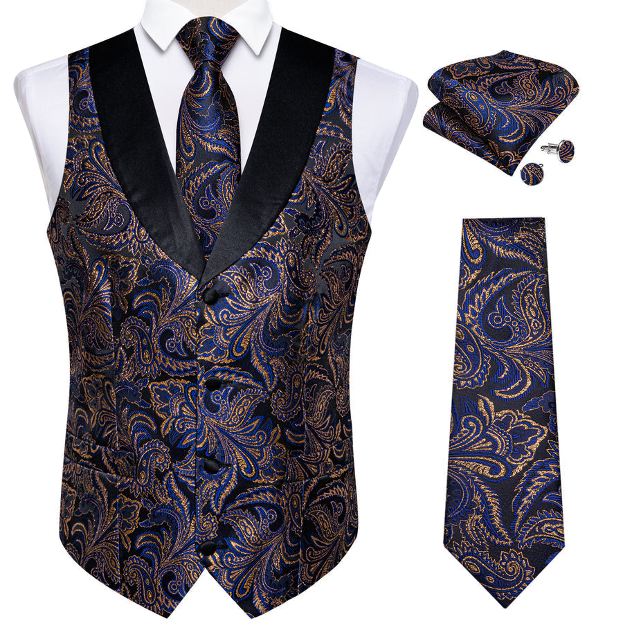Blue Golden Paisley Black Collar V Neck Jacquard Silk Vest Set vest set S (Chest 40") - Sophisticated Gentlemen