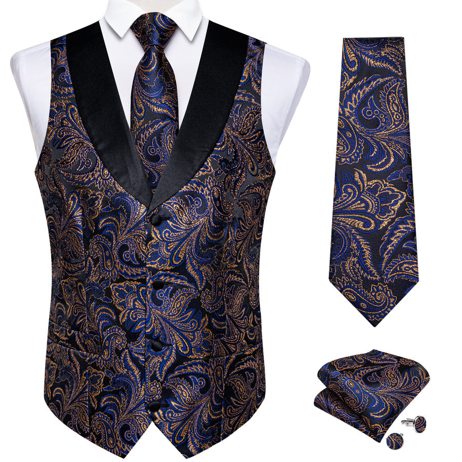 Blue Golden Paisley Black Collar V Neck Jacquard Silk Vest Set vest set - Sophisticated Gentlemen