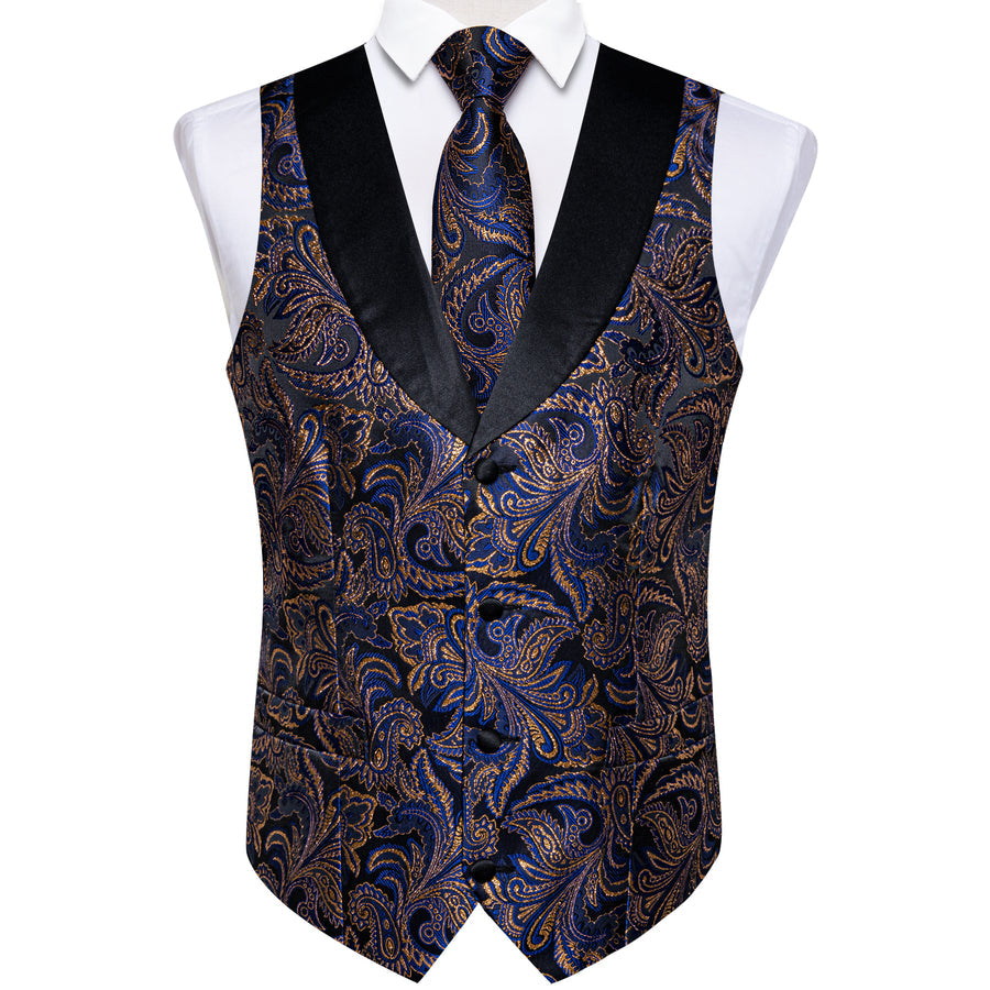 Blue Golden Paisley Black Collar V Neck Jacquard Silk Vest Set vest set - Sophisticated Gentlemen