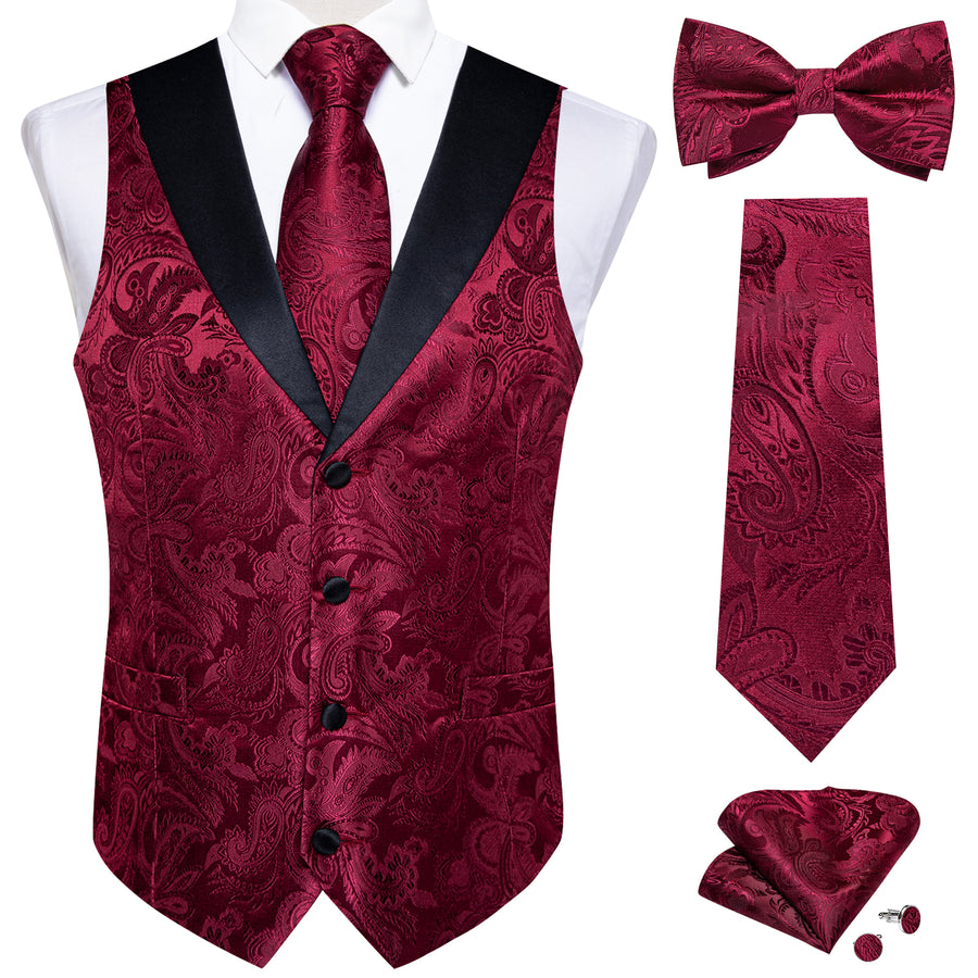 Burgundy Paisley Jacquard Silk Vest Set vest set S (Chest 40") - Sophisticated Gentlemen