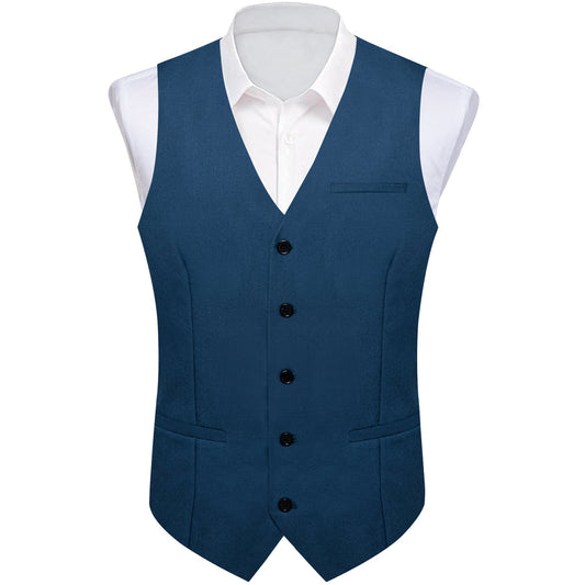 Denim Blue Solid Silk Men's Classic Vest Set vest set S (Chest 40")   - Sophisticated Gentlemen