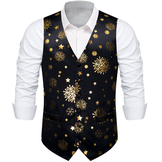 Christmas Black Golden Snowflake Novelty Splicing Jacquard Men's Vest Set vest set S (Chest 40")   - Sophisticated Gentlemen