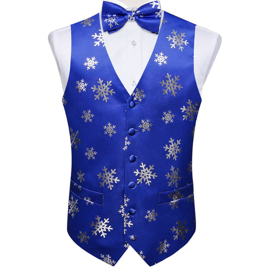 Blue Sliver Christmas Snowflake Novelty Silk Men's Bowtie Vest Set vest set S (Chest 40")   - Sophisticated Gentlemen