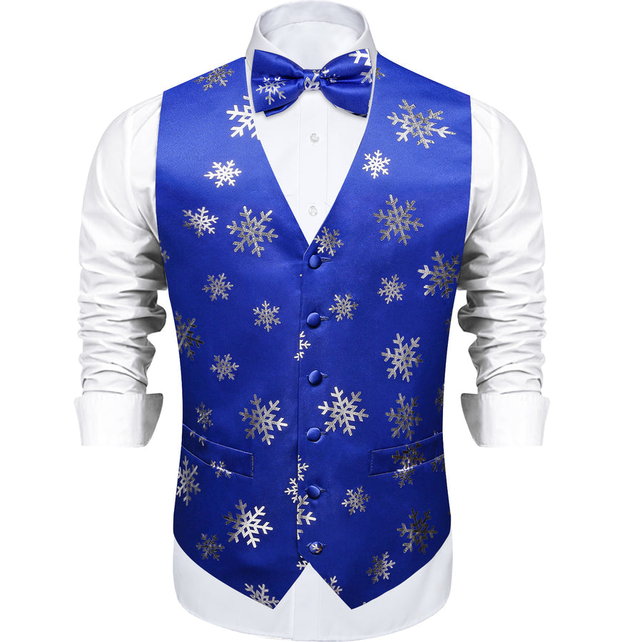 Blue Sliver Christmas Snowflake Novelty Silk Men's Bowtie Vest Set vest set - Sophisticated Gentlemen