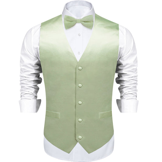Avocado Green Solid Silk Men's Vest Set vest set S (Chest 40")   - Sophisticated Gentlemen