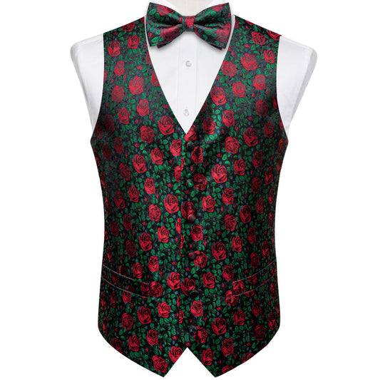 Forest Green Rose Red Floral Men's Bowtie Vest Set vest set S (Chest 40")   - Sophisticated Gentlemen