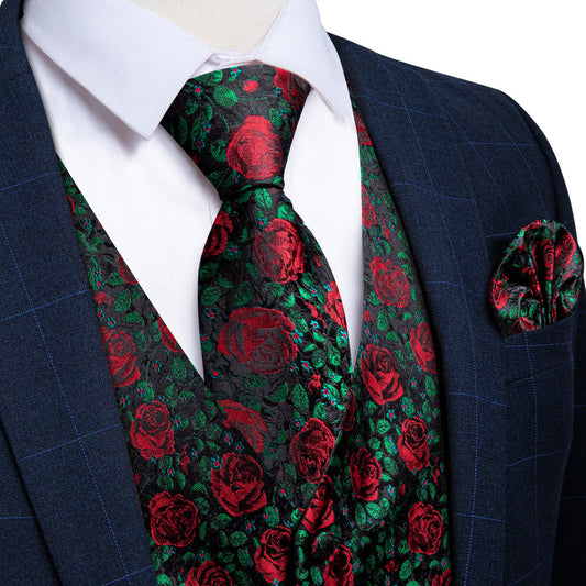 Forest Green Rose Red Floral Men's Vest Set vest set S (Chest 40")   - Sophisticated Gentlemen