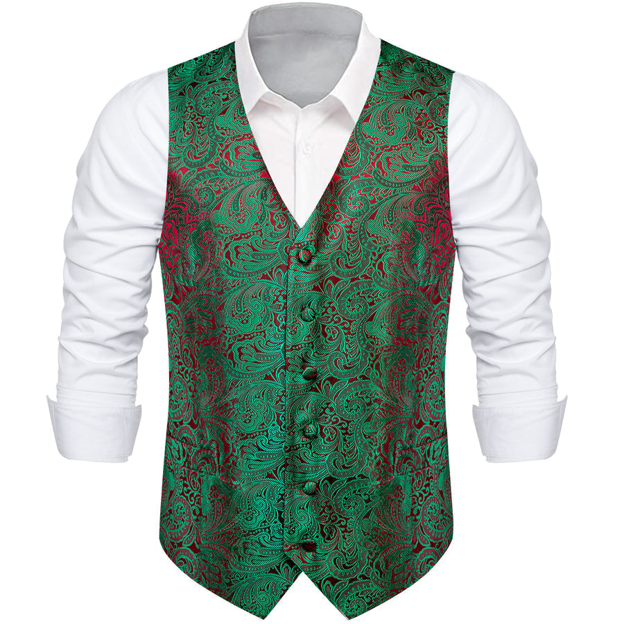 Green Red Paisley Splicing Jacquard Men's Vest Set vest set S (Chest 40") - Sophisticated Gentlemen