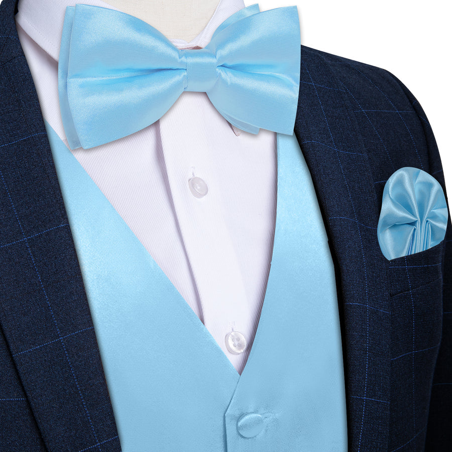 Light Sky Blue Solid Silk Bowtie Vest Set vest set S (Chest 40") - Sophisticated Gentlemen