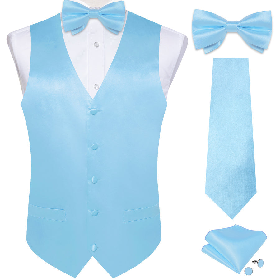 Light Sky Blue Solid Silk Bowtie Vest Set vest set - Sophisticated Gentlemen