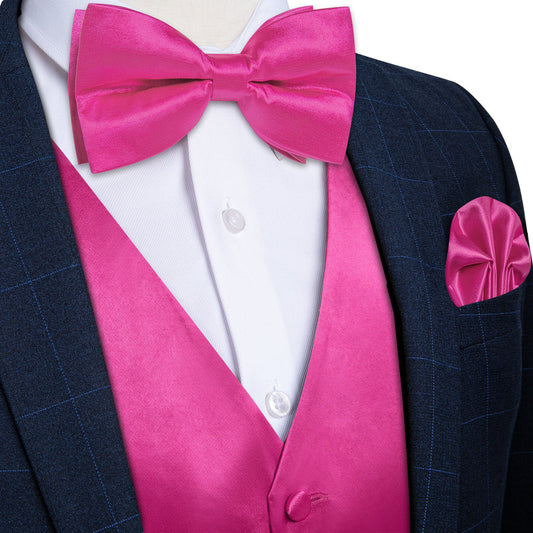 Deep Pink Solid Silk Men's Bowtie Vest Set vest set S (Chest 40")   - Sophisticated Gentlemen