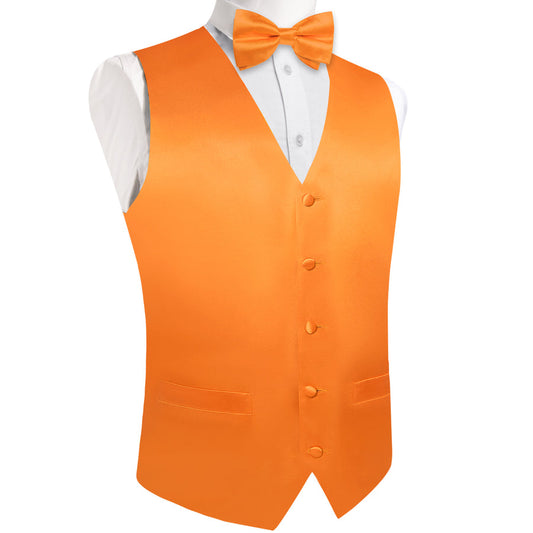 Orange Solid Silk Men's Bowtie Vest Set vest set S (Chest 40")   - Sophisticated Gentlemen