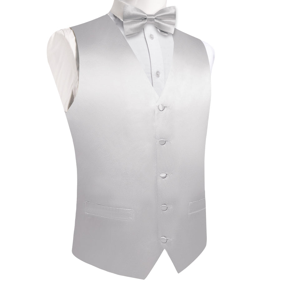 Cloud Gray Solid Silk Men's Bowtie Vest Set vest set S (Chest 40")   - Sophisticated Gentlemen