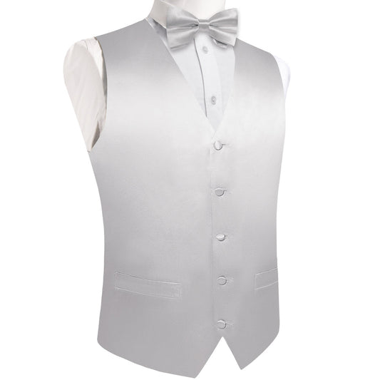 Cloud Gray Solid Silk Men's Bowtie Vest Set vest set S (Chest 40")   - Sophisticated Gentlemen
