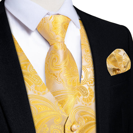 Butter Yellow Paisley Vest Set vest set S (Chest 40")   - Sophisticated Gentlemen