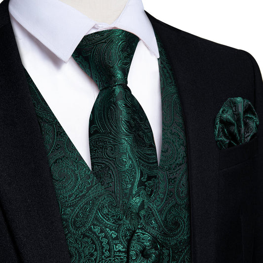Dark Green Paisley Luxury Men's Vest Set vest set S (Chest 40")   - Sophisticated Gentlemen