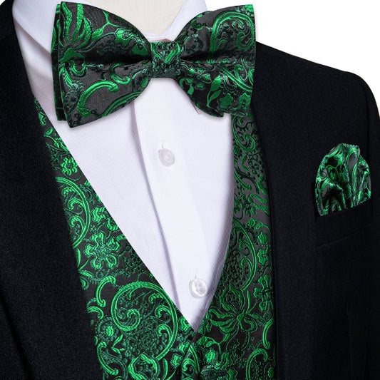 Black Green Floral Men's Bowtie Vest Set vest set S (Chest 40")   - Sophisticated Gentlemen